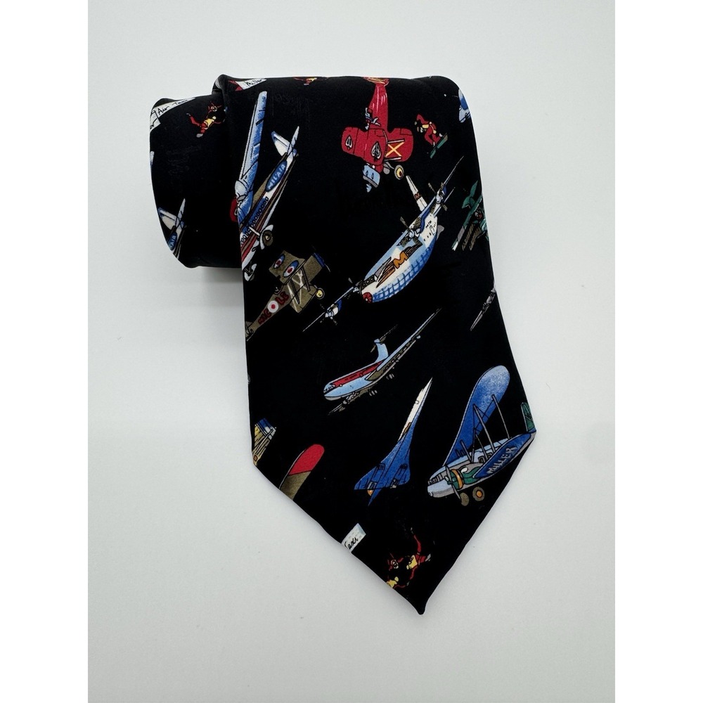Nicole Miller Tie 100% Silk Black Airplane Novelty Print Hand Sewn Vintage 1995
